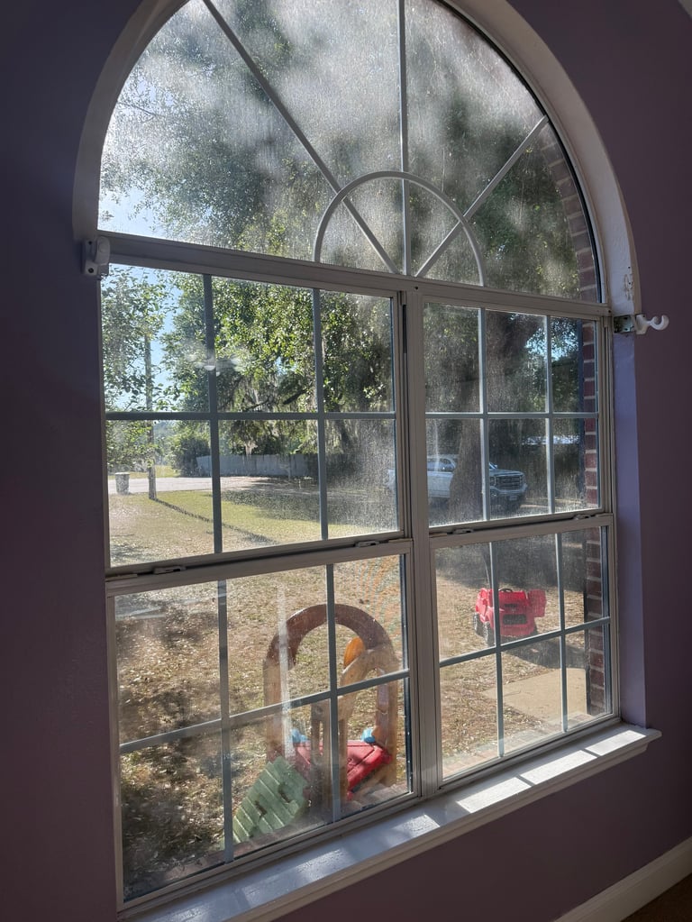Arched window with dark frames showing outdoor yard with trees, grass, and playground equipment visible outside