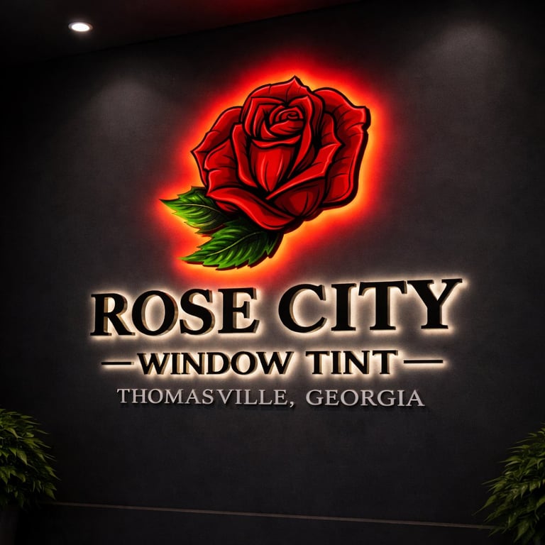 Rose City Window Tint neon sign with glowing red rose logo and green leaves in Thomasville, Georgia